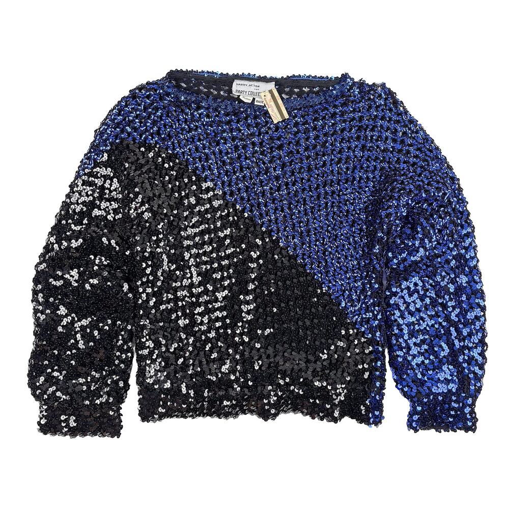 Harry Acton Party Collectibles NWT VTG 80s M Blue Black Sequin Sweater Top Glam